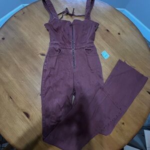 Free People Maroon Flare Leg Open Back  Jumpsuit